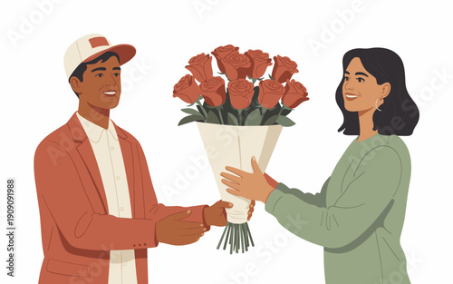 Delivery person hands bouquet of red roses to smiling woman receiving gift gesture of love romance celebration surprise holiday present for woman boyfriend girlfriend romantic occasion surprise gift d