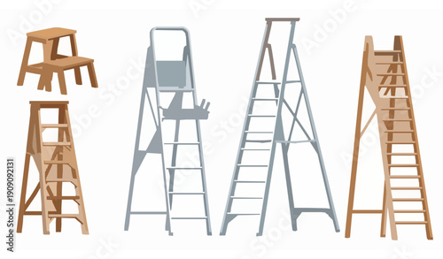 Wooden and Steel Step Ladders for Home and Construction Vector Set