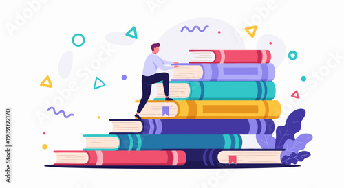 Vector illustration of a person climbing a staircase made of books, symbolizing education and learning journey