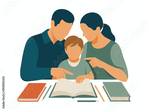 Family learning together parents teaching child reading book education concept for home schooling or study support scene showing teamwork and knowledge sharing for children development and parental gu