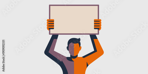 Flat design illustration of a person holding a blank sign above their head for messages or announcements graphic representation communication concept abstract character with empty space for text adver