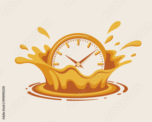 Golden clock splashing into liquid representing time flow momentum and urgency concept for business deadlines project management and fast delivery services modern graphic illustration with dynamic spl