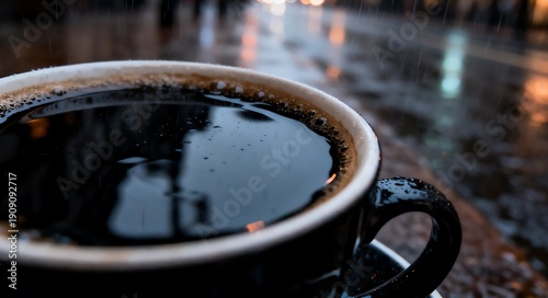 Cozy cup of black coffee on a rainy day, with bokeh lights in the background