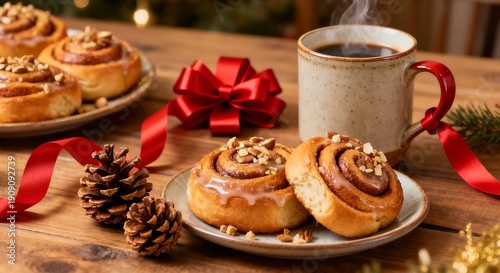 Cozy Christmas Morning Warm Cinnamon Rolls with Coffee and Festive Decorations