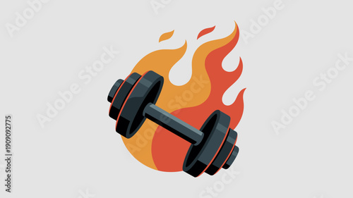 Dumbbell on fire intense workout fitness motivation gym exercise equipment concept for sports health and wellness advertising graphic design element representing energy strength and burning calories f