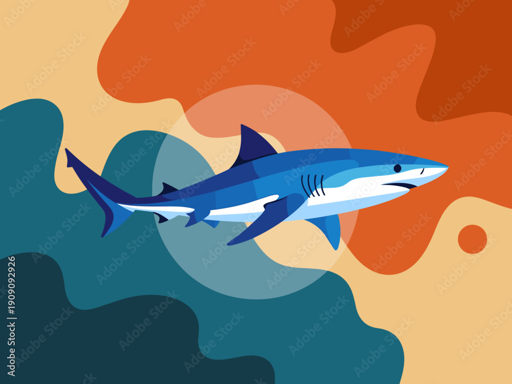Obraz premium Blue shark swimming underwater ocean predator marine life illustration with abstract background shapes modern graphic design concept for aquatic themes and oceanography exploration