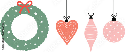 Christmas wreath and hanging ornaments vector set with heart shaped baubles and pastel holiday decorations isolated on white background for winter designs