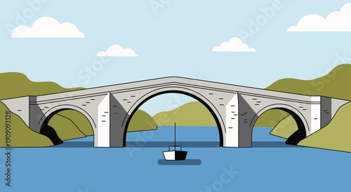 Flat Design Bridge Over River with Sailboat and Hills