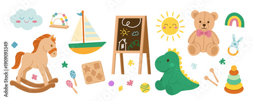 Kids Toys Set With Teddy Bear Dinosaur Rocking Horse Sailboat Chalkboard Rainbow
