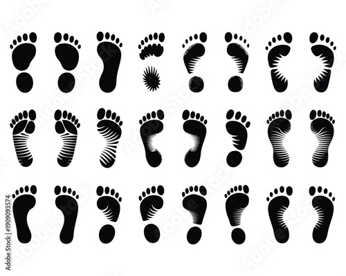 Big set of vector human foot prints in black on a transparent background for various uses and graphic design elements