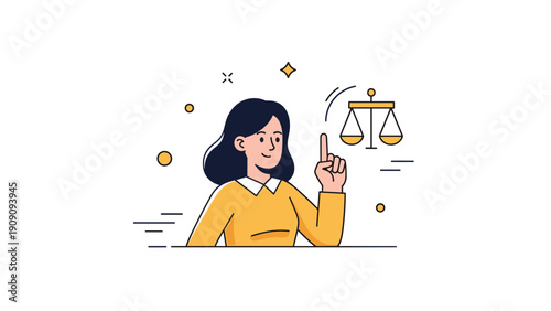 Young hispanic female illustrates balance concept with justice scales icon