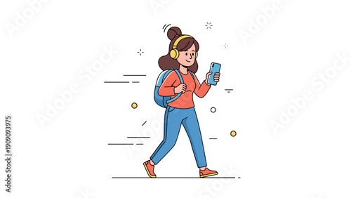 Young female listening to music and using smartphone while walking