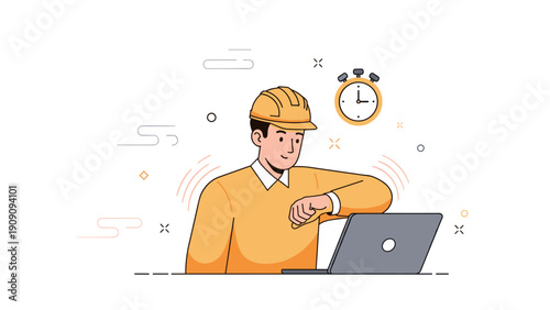 Male engineer checking time on laptop with stopwatch icon
