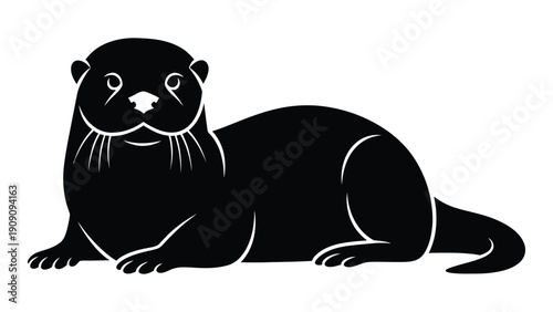 A sleek black otter lounging on a flat surface with a serene expression isolated on white background, Vector