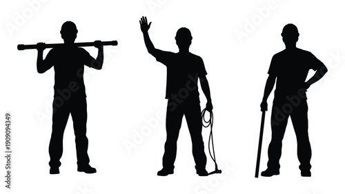 Three silhouettes of people engaged in various activities with tools. isolated on white background, Vector