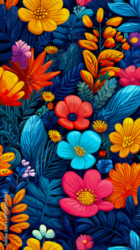 Dynamic Abstract Floral Garden Illustration with Bold Bright Flowers and Lush Foliage Creating Seamless, Joyful Botanical Background Design