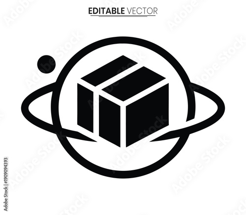 A black planetary orbit around a cubic box a modern graphic design silhouette