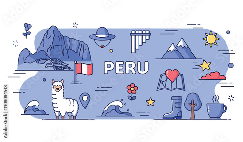 Peru elements illustration with machu picchu, alpaca, andean symbols, and natural scenery