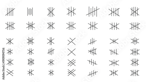 Extensive collection of hand drawn tally marks used for counting and score keeping presented in several different artistic styles.
