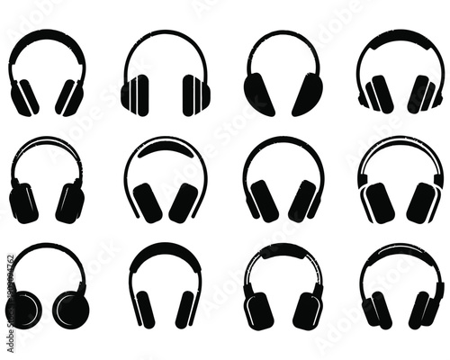 Set of black silhouette headphones for music listening and audio devices isolated on transparent background design element