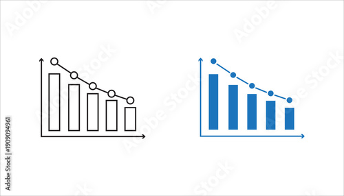 Minimalist line icon of a bar chart with a downward trend line symbolizing financial decline, negative growth, loss, or decreasing performance. Editable stroke vector isolated on light background.