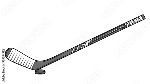 Black and white ice hockey stick rests against a small round puck on a clean white background representing winter sports equipment.