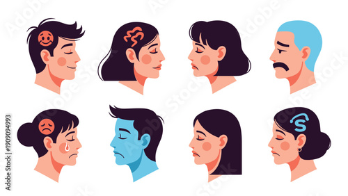 Series of human head profiles showing different facial expressions and mental health icons representing various emotional states.