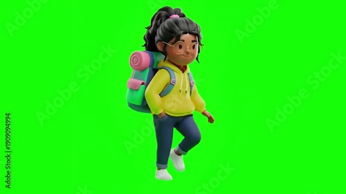 3D Cartoon Female Traveler Walking in One Place on Green Screen for Adventure Travel Journey Fitness and Global Exploration Concepts