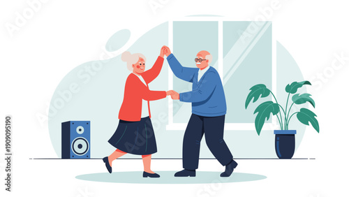 Happy senior couple enjoys dancing together in their living room with a speaker playing music near a large window background.