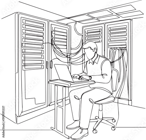 Continuous Line Drawing of IT Engineer Working on Laptop in Data Center Server Room