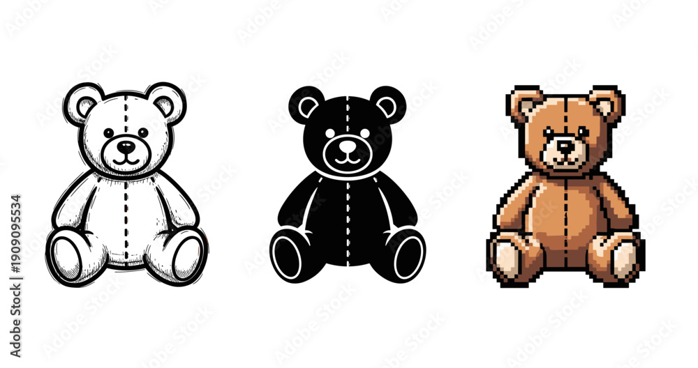 Obraz premium Stylized teddy bears: hand-drawn, silhouette, pixel art versions