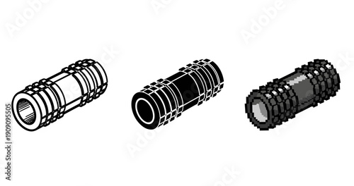 Foam roller in different art styles: vector, outline, pixel art