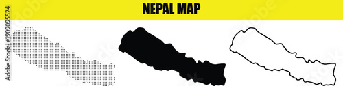 Nepal Map Bundle - Dotted Map Graphic, Solid Black Silhouette, and Minimal Outline EPS 10