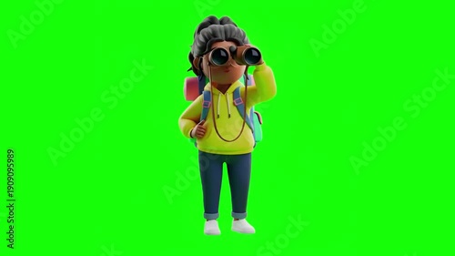 3D Cartoon Female Character Adjusting Backpack on Green Screen for Travel Preparation Hiking Adventure and Student Study Abroad Journey Concepts