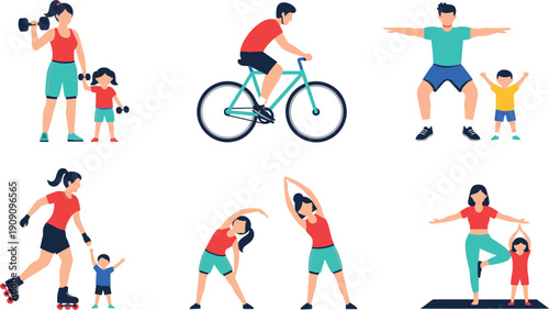 Family fitness activities vector set with parents and kids exercising cycling stretching yoga and roller skating isolated on white background for healthy lifestyle designs