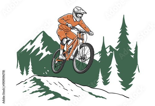 Downhill mountain biking illustration. Extreme sport vector graphic design. Mountain bike rider jumping artwork. Outdoor adventure t shirt print. Cycl