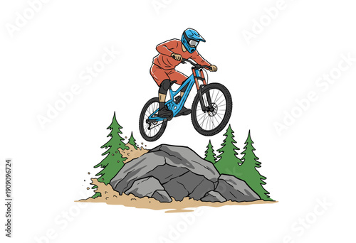 Mountain bike downhill artwork for apparel design. Extreme sport vector illustration for t-shirt print. Downhill mountain biking graphic. Outdoor adve