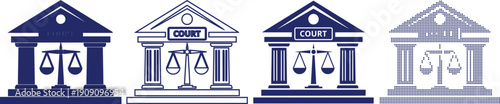 Court building illustrations with scales of justice featuring varied artistic details from solid to dotted textures