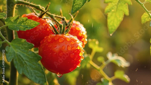 Vibrant red tomatoes on vine with water droplets, slow motion rain, cinematic lighting, symbolizing freshness and healthy eating.