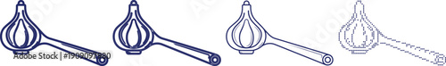 Kitchen garlic press tool icon set in various styles including outline flat and halftone dots for culinary design
