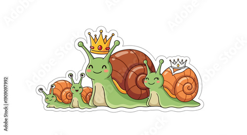 Charming Family of Snails Wearing Crowns, Cute Illustration for Kids and Nature Lovers
