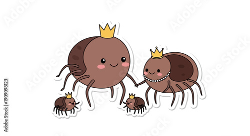 Cute cartoon family of spiders wearing crowns on a white background