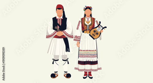 Greek Traditional Costumes: Man and Woman in Folk Attire with Lyre