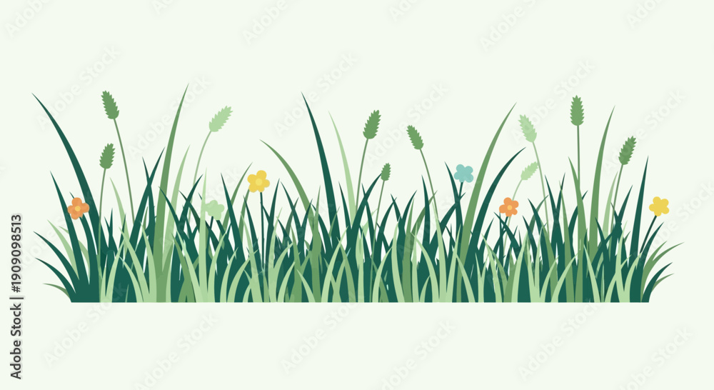 Fototapeta premium Green Grass Border with Wildflowers and Seed Heads, Spring Meadow Illustration
