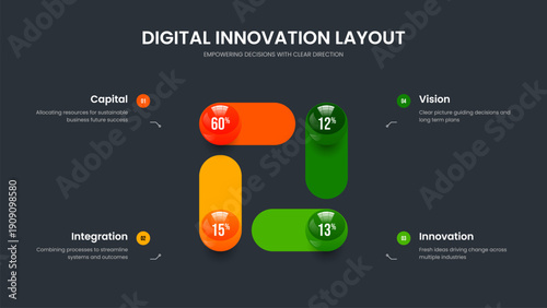 Marketing Visualization Four Option Chart Slideshow Template. Enterprise Briefing 4 Step Infographic Slide Design. Financial Launch Frame Layout Vector Illustration.