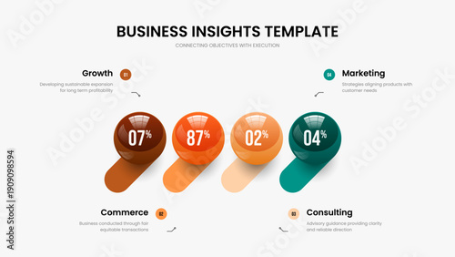 Educational Review Frame Design Vector Illustration. Clean Showcase 4 Step Infographic Slide Layout. Investor Development Four Element Diagram Presentation Template.