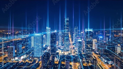 Wallpaper Mural Futuristic Smart City with Digital Data Network Over Urban Skyline at Night, Global Connectivity and Information Flow Concept Torontodigital.ca