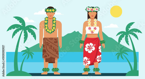 Hawaiian Couple in Traditional Attire on Tropical Island Beach