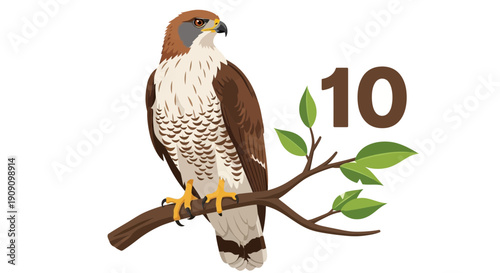 Hawk Perched on Branch with Number 10