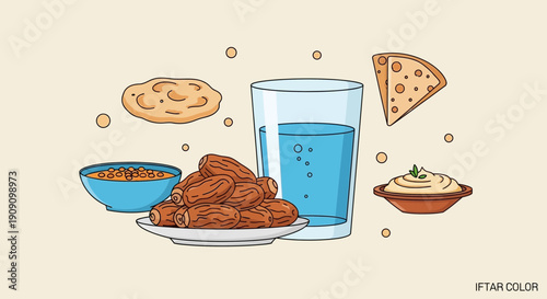 Iftar food and drink: dates, hummus, bread, cheese, water for Ramadan